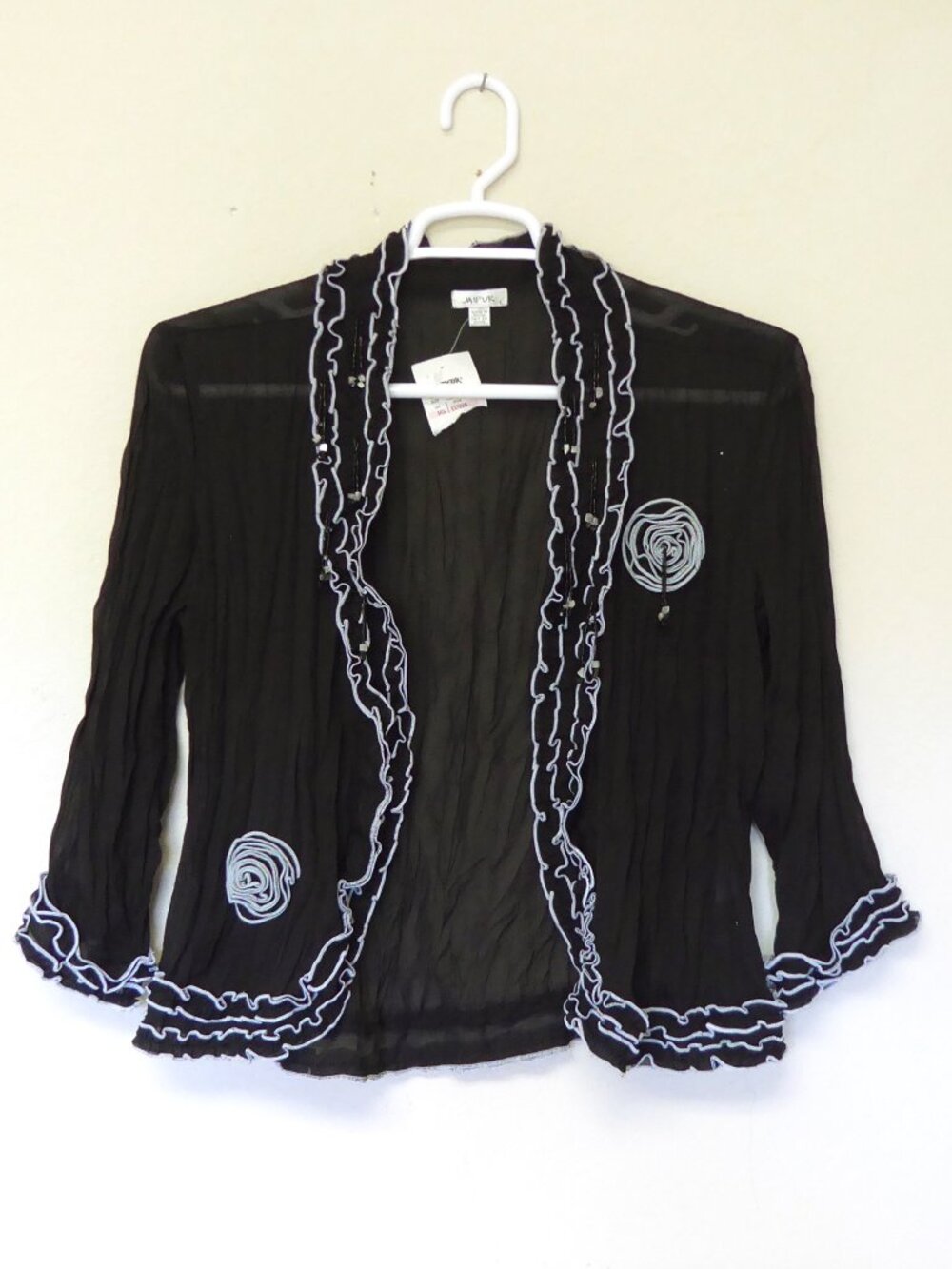 Jaipur black crinkle semi sheer chiffon white trim beaded flower cardigan size L
